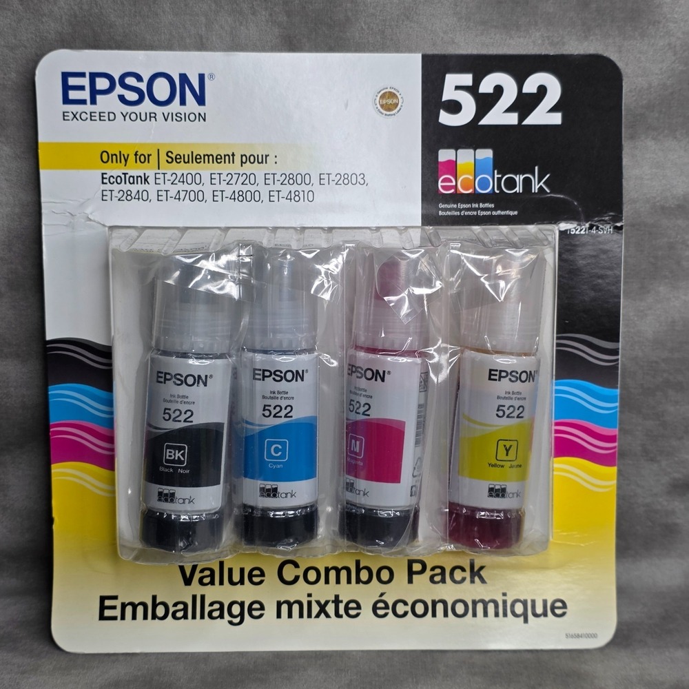 Epson 522 Ecotank Ink - Black Cyan Yellow Magenta EXP: 4/2029 NEW